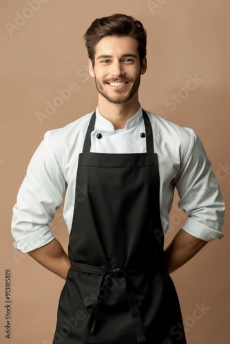 Chef uniform mockups with empty copy space to add logos and designs on jackets or high-cuisine uniforms. Handsome Models portraying chef on beige background