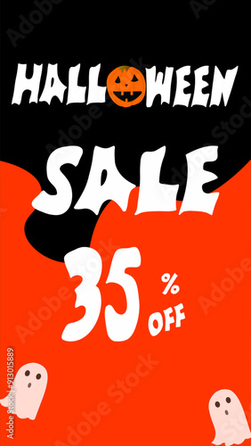 Halloween sale. Black and orange template with illustrated pumpkin. White letter. Ideal vertical size for social media