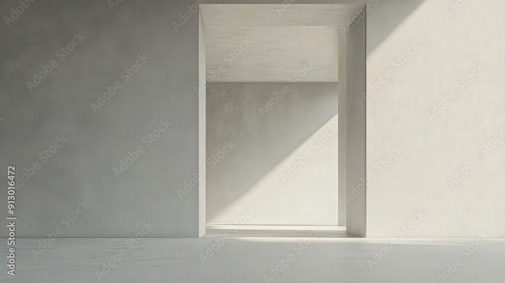 Bright Minimalist Interior With Open Doorway and Sunlight Streaming Down in Modern Space Bright Minimalist Interior With Open Doorway and Sunlight Streaming Down in Modern Space