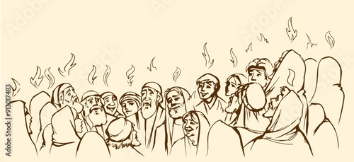 Vector drawing. Pentecost day. Many people came together for praying