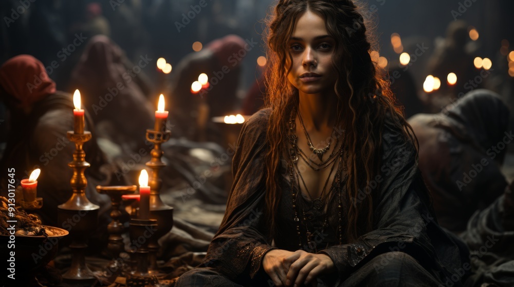 Fototapeta premium Mystical Woman with Candles in a Dark Setting