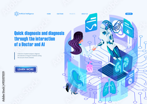 AI Landing page Isometric. Deep machine learning AI. Quick diagnosis and diagnosis through the interaction of a Doctor and Artificial Intelligence. Page Projects