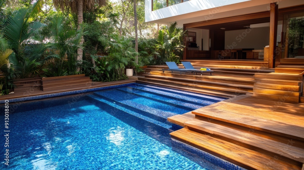 Obraz premium Pool with inviting stairs and a wooden deck, perfect for summer days.
