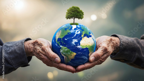Obraz na płótnie Old wrinkled hands holding world globe, planet earth, eco environmental concept, global connection, save the planet background, template, copy space area w salonie