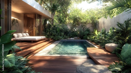 Poolside with inviting stairs and a wooden deck, surrounded by lush greenery.