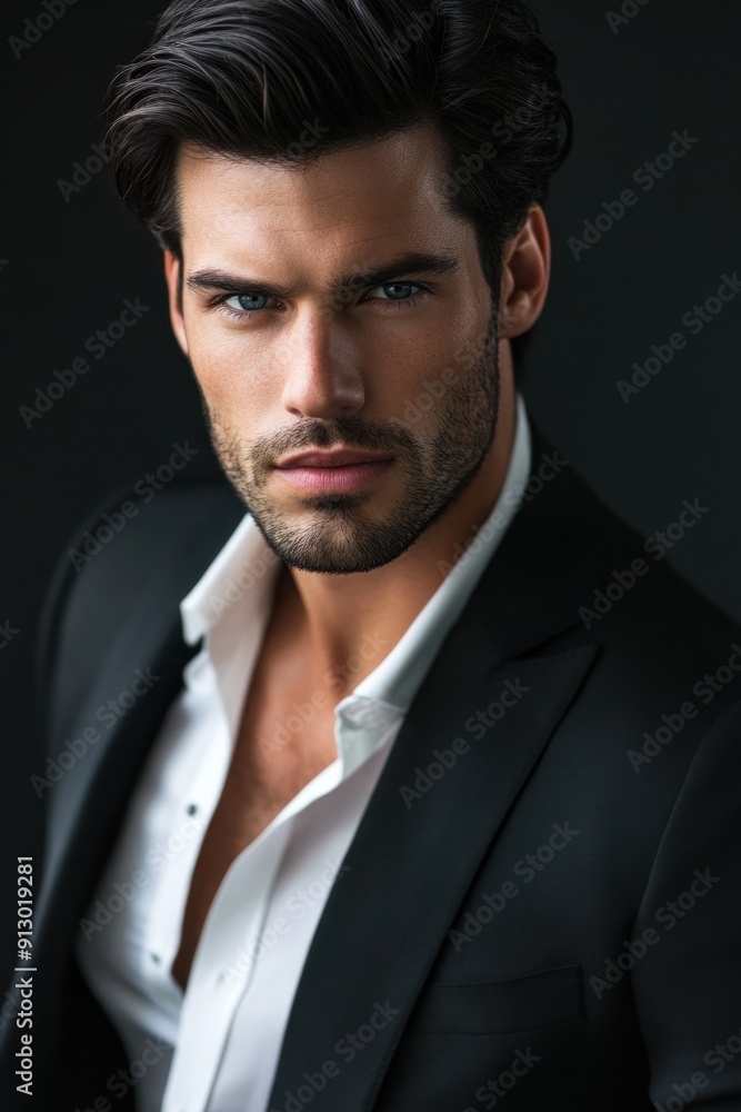 Sophisticated man in black suit, poised and focused Sophisticated man in black suit, poised and focused