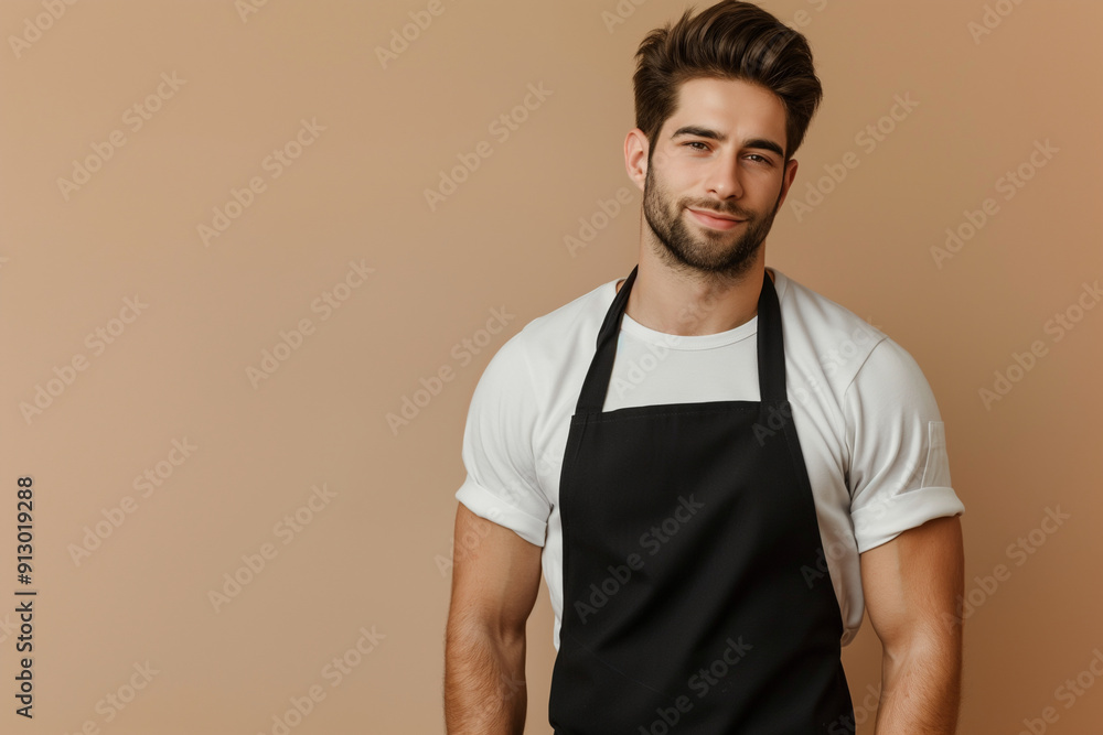 Chef uniform mockups with empty copy space to add logos and designs on jackets or high-cuisine uniforms. Handsome Models portraying chef in beige background Chef uniform mockups with empty copy space to add logos and designs on jackets or high-cuisine uniforms. Handsome Models portraying chef in beige background