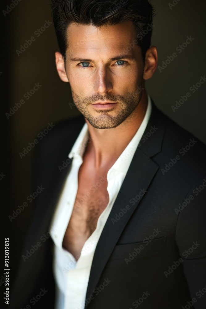 Sharp-looking man in a black suit, blue eyes piercing Sharp-looking man in a black suit, blue eyes piercing