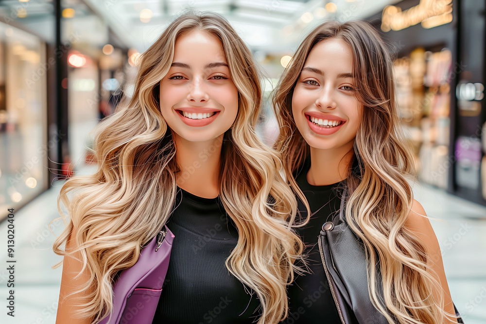 Two women with long hair and purple streaks are smiling for the camera Two women with long hair and purple streaks are smiling for the camera
