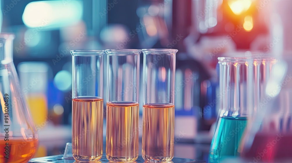 Set of chemical tubes and lab tools in a pharmaceutical research environment. Ideal for biochemistry technology concepts. Set of chemical tubes and lab tools in a pharmaceutical research environment. Ideal for biochemistry technology concepts.