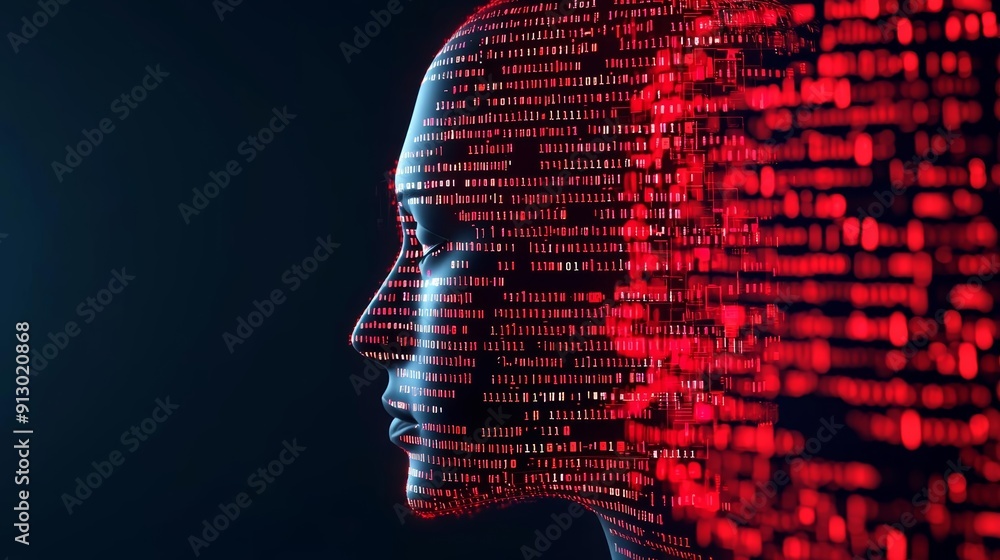 Human digital head, surrounded by red code, AI and security, futuristic style Human digital head, surrounded by red code, AI and security, futuristic style