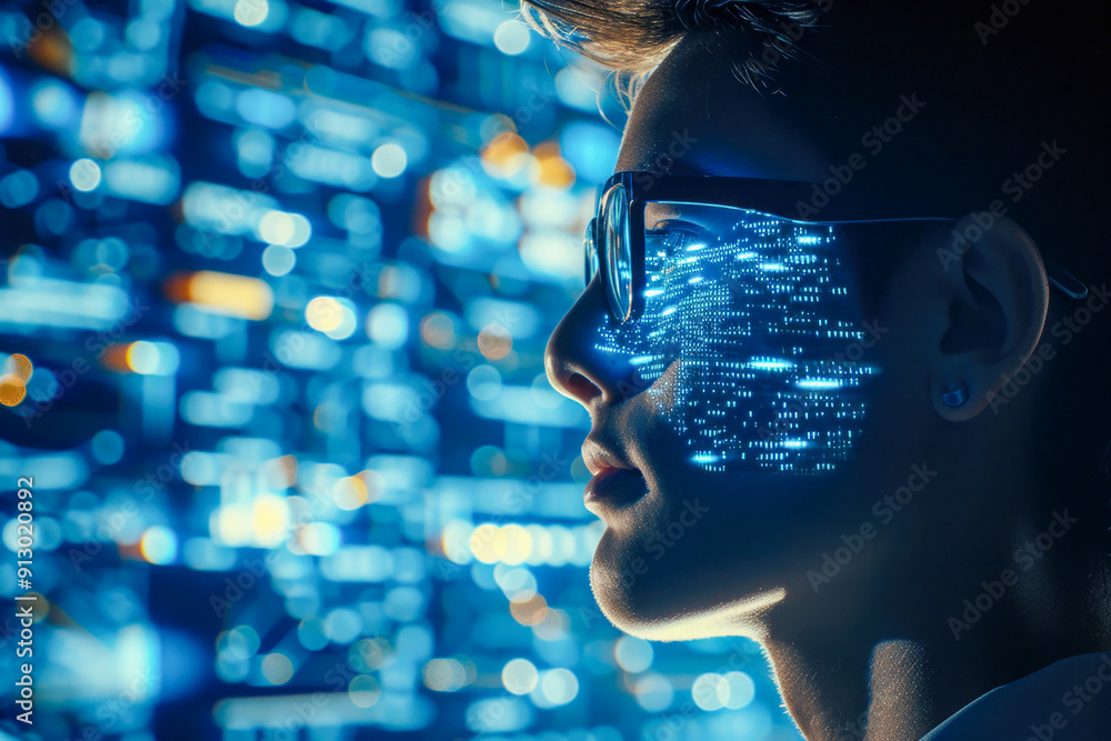 A man is wearing glasses and looking at a computer screen with a blue background A man is wearing glasses and looking at a computer screen with a blue background