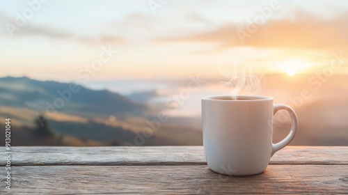 Inviting scene of a steaming coffee cup on a rustic wooden table, with a beautiful sunrise in the background, casting a warm, cozy glow