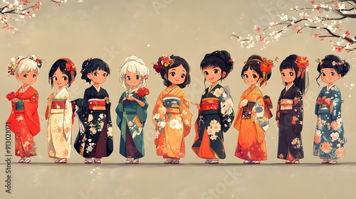 Cartoon characters celebrating Coming of Age Day with kimonos ceremonies and photo sessions