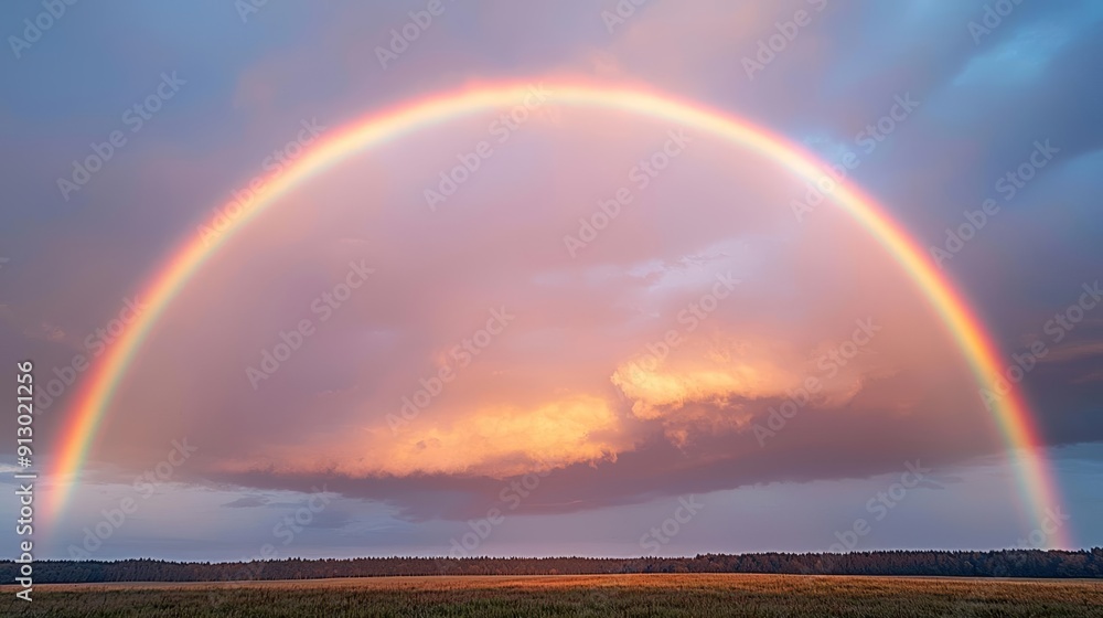 Naklejka premium Magnificent rainbow arching through a stormy sky, with radiant clouds and sunlight breaking through, creating a breathtaking natural spectacle above a tranquil meadow