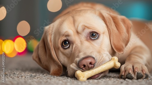 Lovable dog with tender eyes stretched out on a carpet, bone in mouth, illuminated by soft, diffused lighting photo