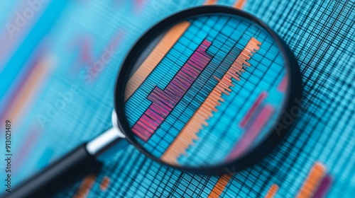 Magnifying glass zooming in on colorful digital analytics, illustrating the intersection of data analysis and modern technology