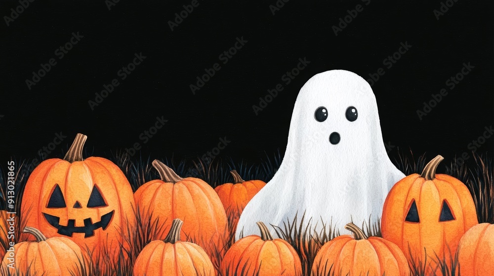 Mischievous ghost, hiding in a pumpkin patch, Halloween night, Watercolor style Mischievous ghost, hiding in a pumpkin patch, Halloween night, Watercolor style