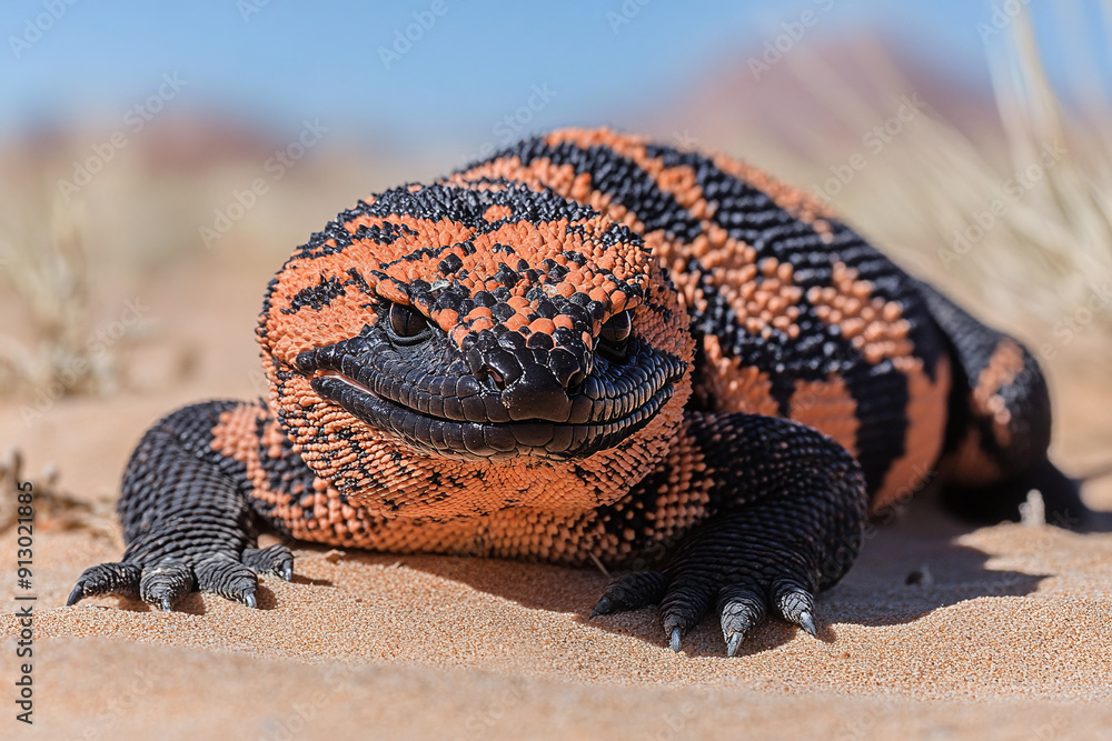 Fototapeta premium A Gila monster resting on a sandy desert floor.