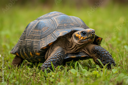 A gopher tortoise walking through a grassy field. photo