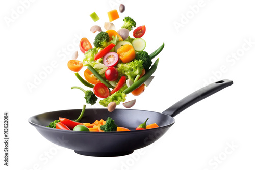 Vegetables fall into a black frying pan on a transparent background. Healthy food concept, The thorny part of the vegetable flying is a beautiful sight