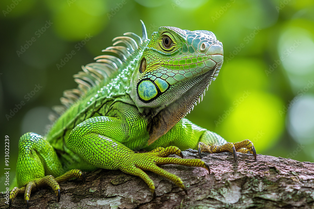 A green iguana basking in the sun on a tree branch. A green iguana basking in the sun on a tree branch.