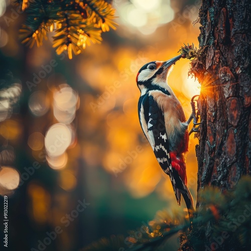 Woodpecker on pine tree at golden hour photo