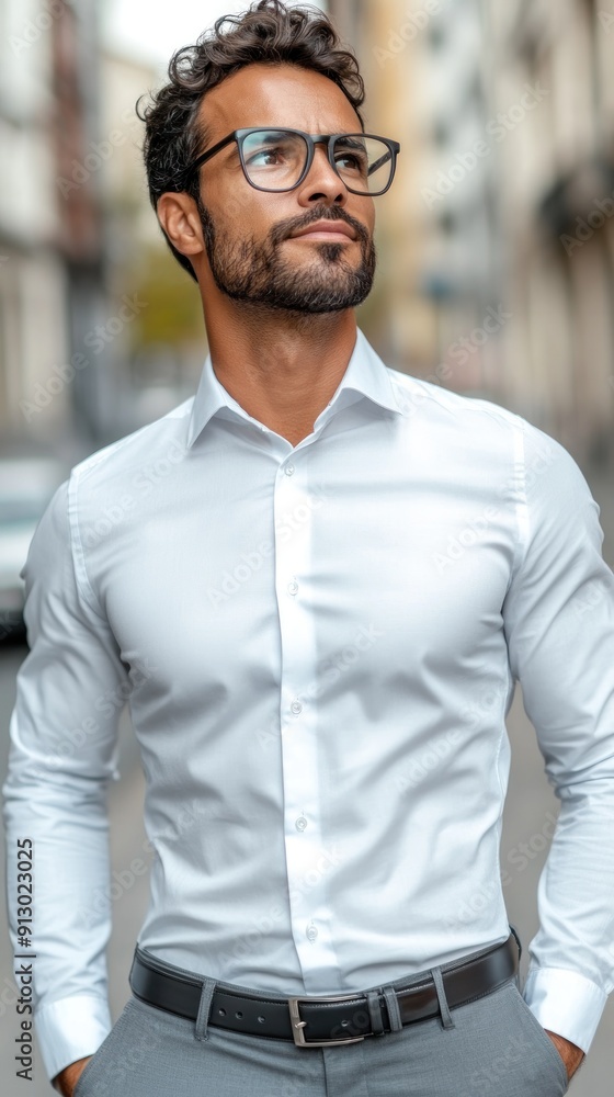 Obraz premium Man in white shirt confidently standing outdoors.