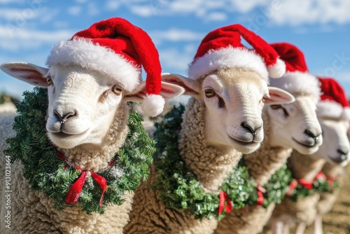 Festive sheep wearing Santa hats in sunny field