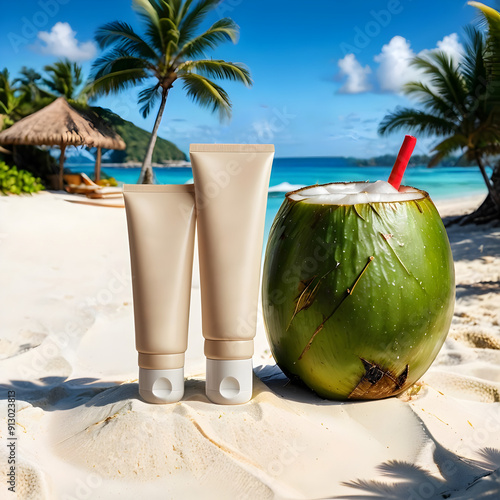 Mockup diseño de producto tubos de crema solar junto a un coco con un coctel en una playa tropical
