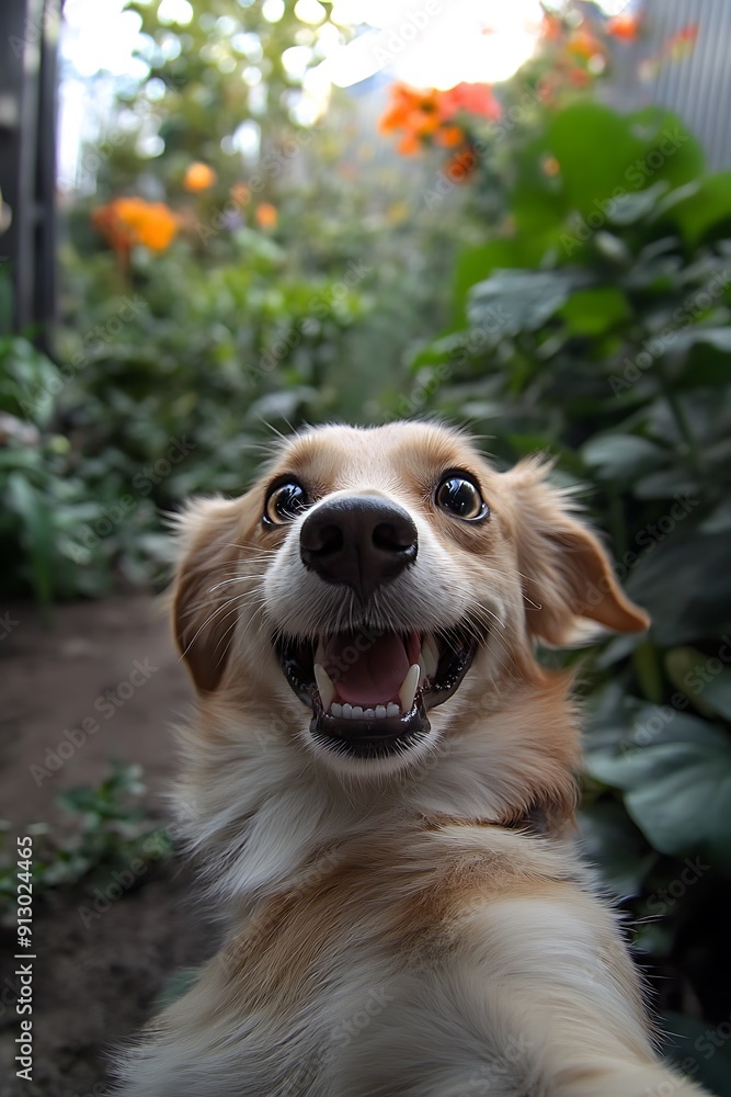 Realistic and humorous image of a dog taking a selfie with a laughing expression in a garden Realistic and humorous image of a dog taking a selfie with a laughing expression in a garden