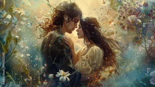 Symbolism Art Style of Tarot Card of the Lover, Enchanting Art Depicting Lovers Embraced in a Dreamlike Floral Fantasy