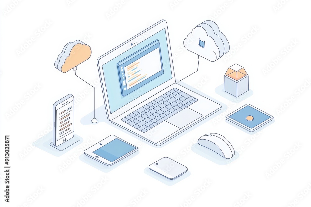 A laptop with a coding screen, surrounded by a smartphone, a mouse, a keyboard, a tablet, a server, and a cloud icon. A laptop with a coding screen, surrounded by a smartphone, a mouse, a keyboard, a tablet, a server, and a cloud icon.