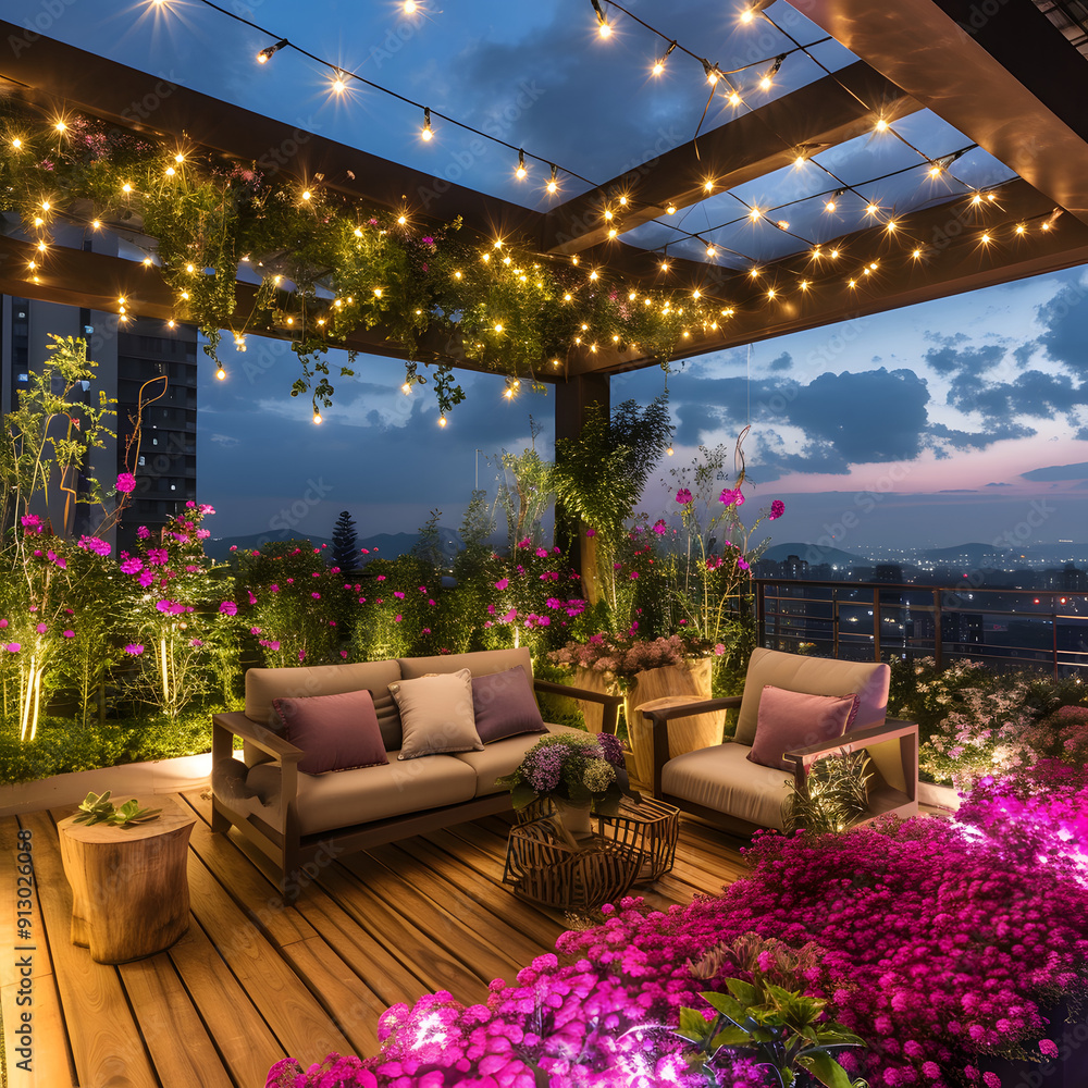 Rooftop with Vibrant flower beds meet cozy seating and twinkling fairy lights design, transforming your living room into an outdoor paradise design Rooftop with Vibrant flower beds meet cozy seating and twinkling fairy lights design, transforming your living room into an outdoor paradise design