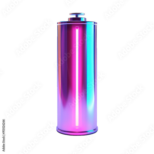 Futuristic battery glowing with neon light reflecting on its surface