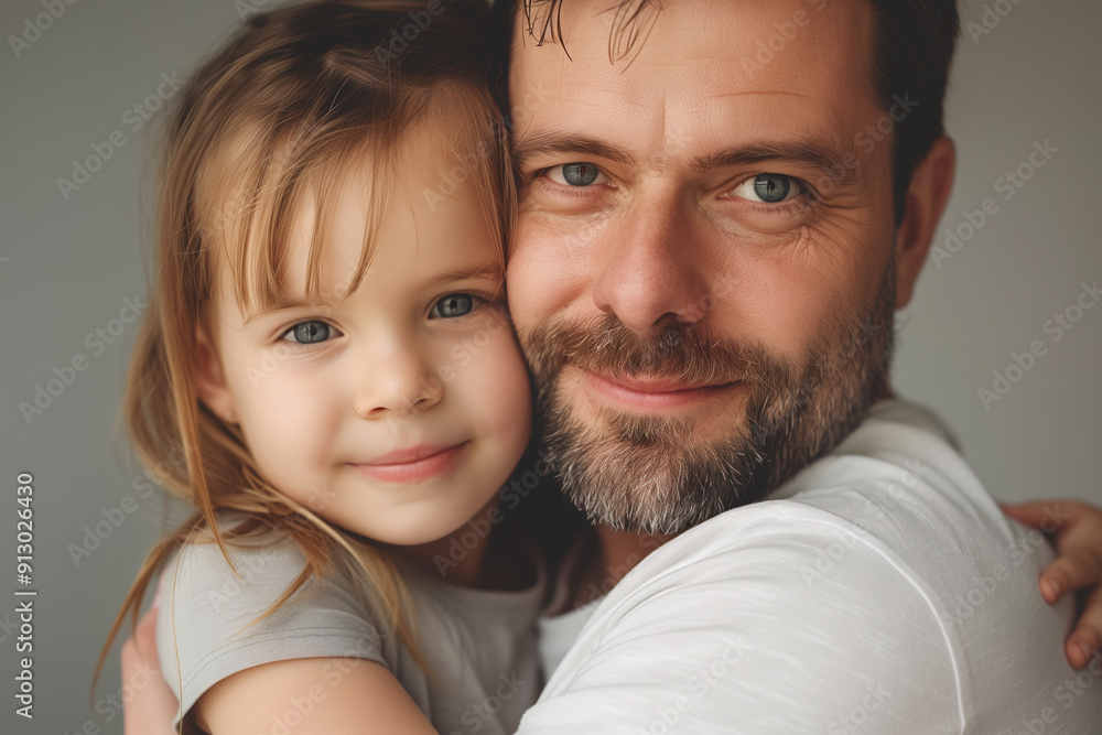 A middle-aged father hugging his daughter, smiling and showing love to each other, portrait indoors A middle-aged father hugging his daughter, smiling and showing love to each other, portrait indoors