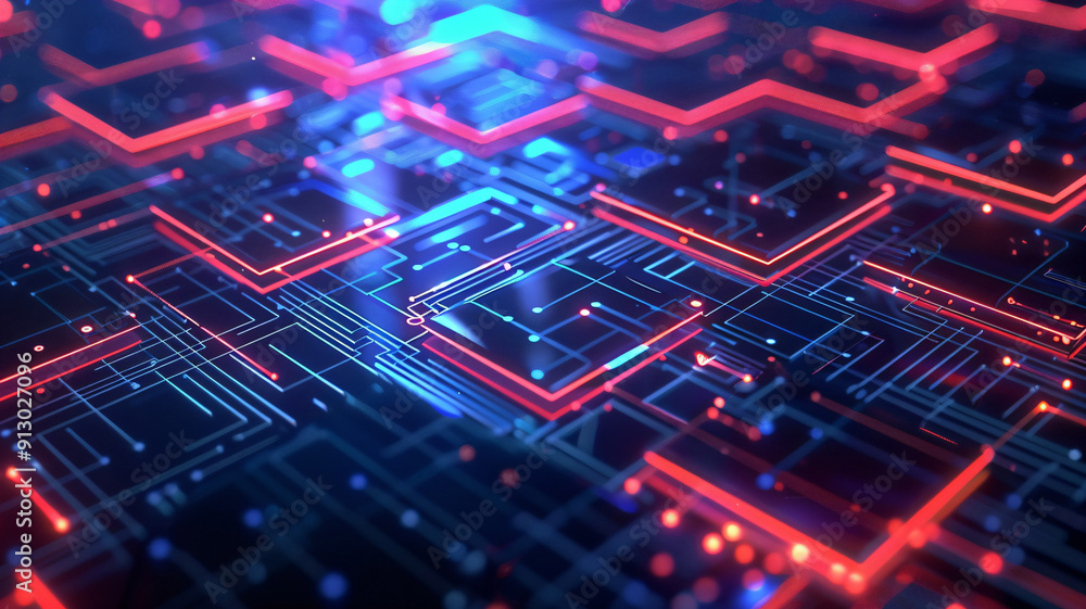Intricate circuit board patterns with vibrant blue and red lights Intricate circuit board patterns with vibrant blue and red lights