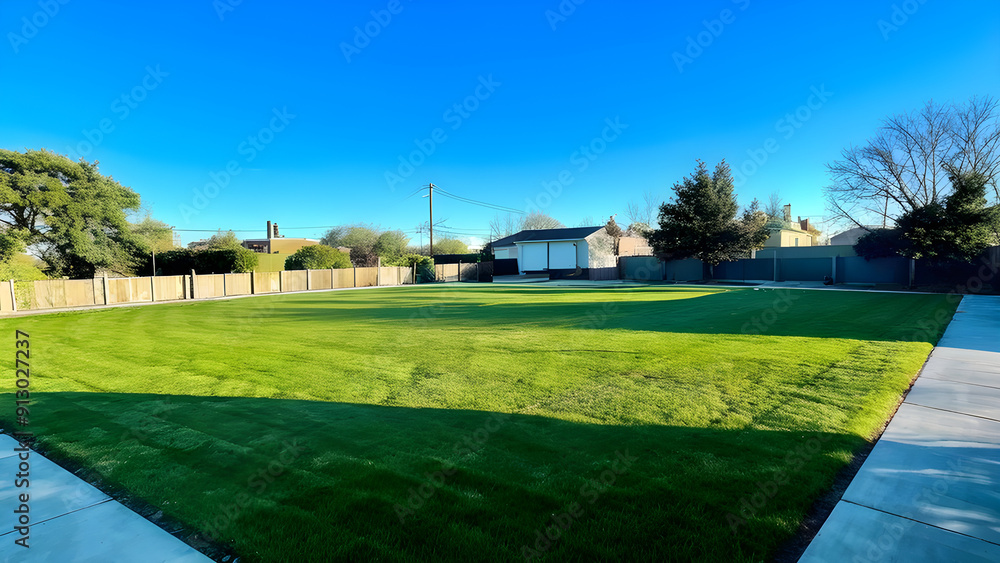 Fototapeta premium nice open empty backyard with green grass blue sky no trees 