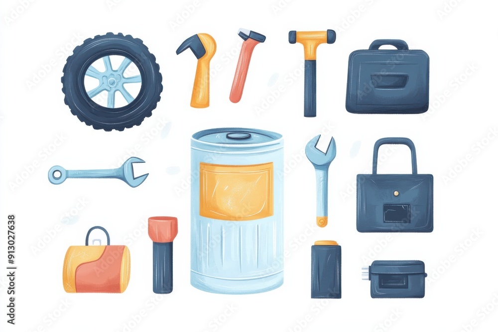 An oil can, surrounded by a wrench, a car tire, a car jack, a toolbox, a battery, and a spark plug. An oil can, surrounded by a wrench, a car tire, a car jack, a toolbox, a battery, and a spark plug.