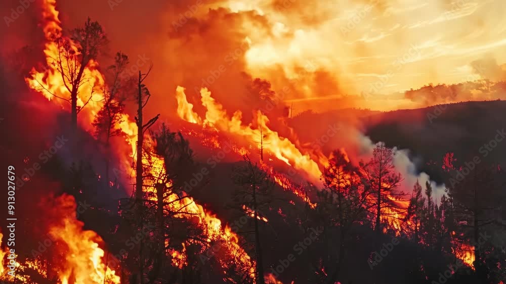 Trees burning in forest fire. Aerial view. Climate change and global warming. Natural disaster and wildfire concept. Design for banner, poster Trees burning in forest fire. Aerial view. Climate change and global warming. Natural disaster and wildfire concept. Design for banner, poster