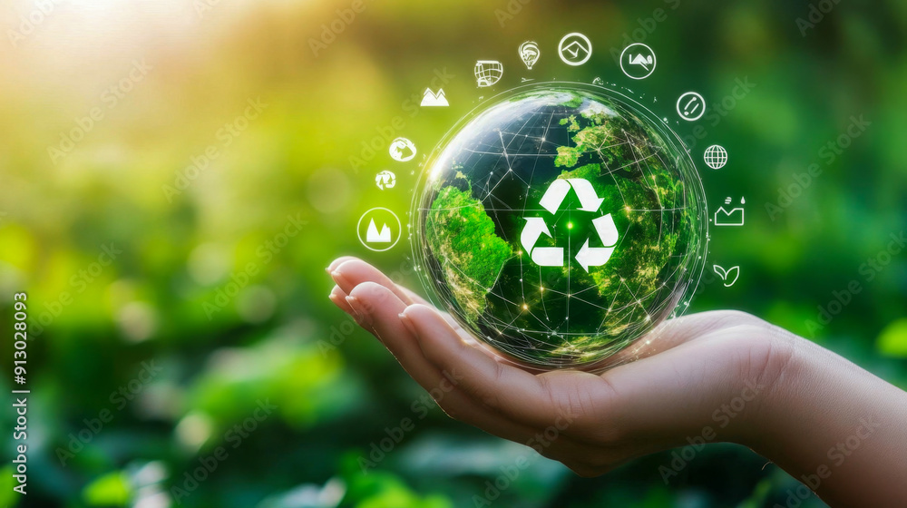 Hand is holding a green planet with a recycling symbol surrounded by icons about ecology Hand is holding a green planet with a recycling symbol surrounded by icons about ecology