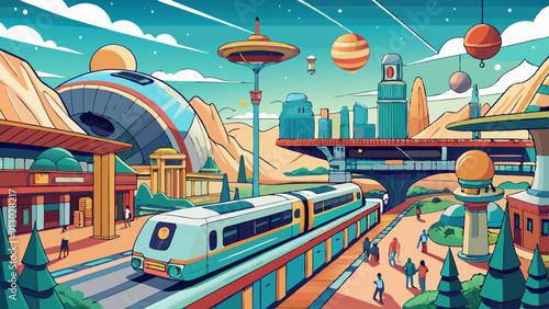 Sketch a bustling train station in a parallel world vector illustration photo