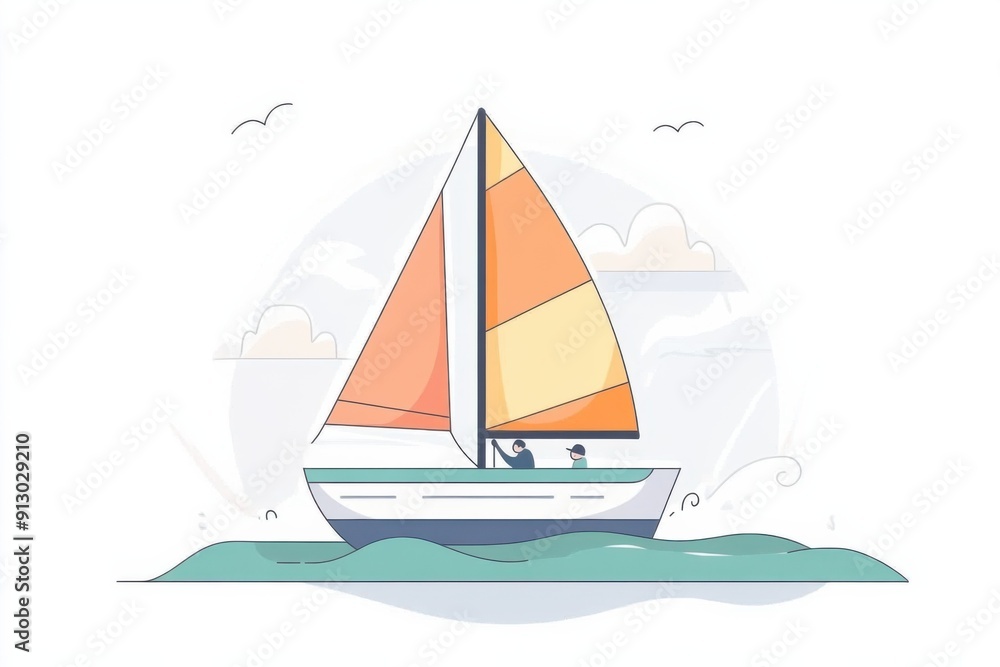 Fototapeta premium Doodle of a person steering a sailboat with a colorful sail, simple illustration, cute design, centered composition, pastel colors, white background