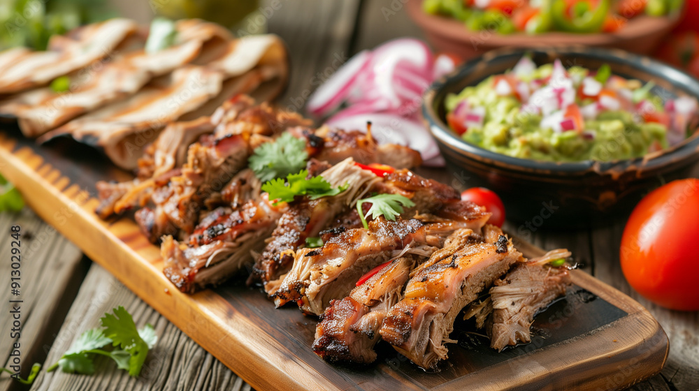 Savory Glazed Barbecued Ribs Served with Fresh Guacamole and Salsa on Rustic Wooden Table - Gourmet Meal Concept. Savory Glazed Barbecued Ribs Served with Fresh Guacamole and Salsa on Rustic Wooden Table - Gourmet Meal Concept.