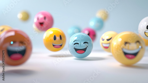 A collection of glossy spherical emoticons with smiling expressions are scattered on a white surface.