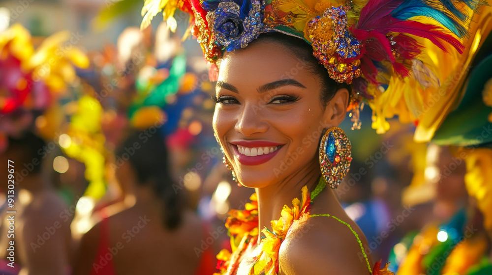 Smiling brazilian woman in vibrant costume and makeup at carnival parade Smiling brazilian woman in vibrant costume and makeup at carnival parade