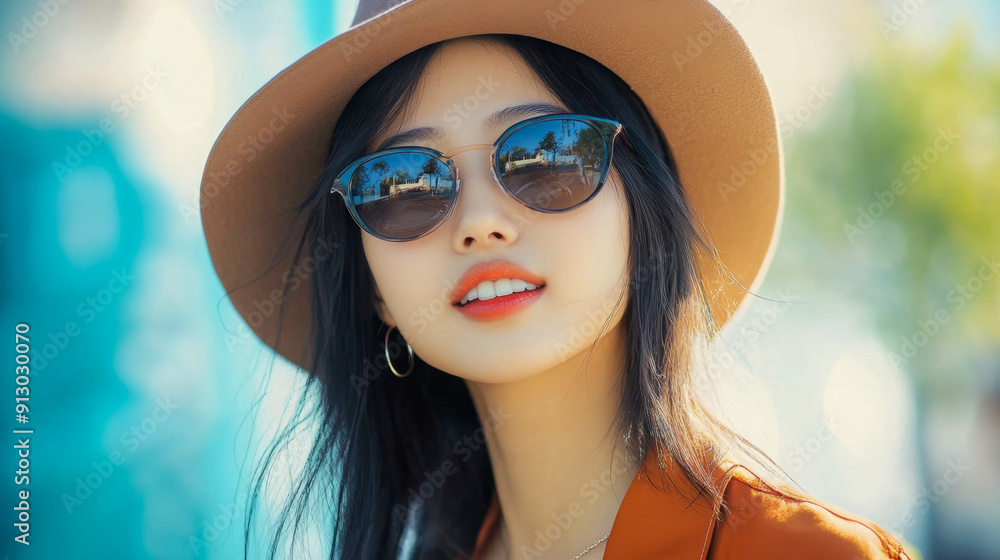 Fashionable young woman is smiling outdoors on a sunny day, wearing sunglasses and a brown hat Fashionable young woman is smiling outdoors on a sunny day, wearing sunglasses and a brown hat