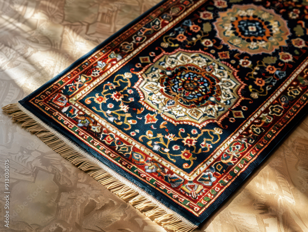 A detailed close-up of a traditional Persian rug with intricate floral patterns and a fringe. A detailed close-up of a traditional Persian rug with intricate floral patterns and a fringe.