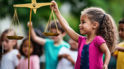 Diverse children playing with a giant scale of justice, justice for future, educating youth on global justice photo