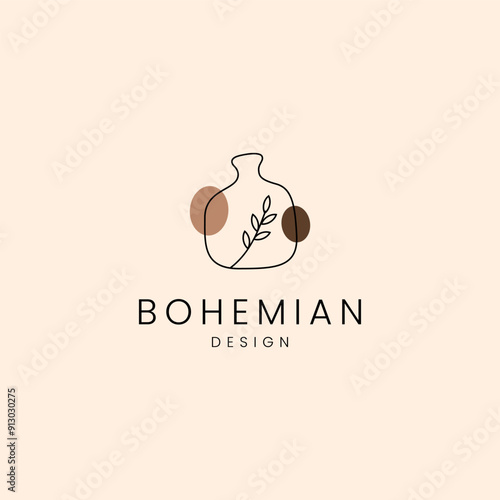 clay pottery with leaf twig decoration in bohemian logo design style